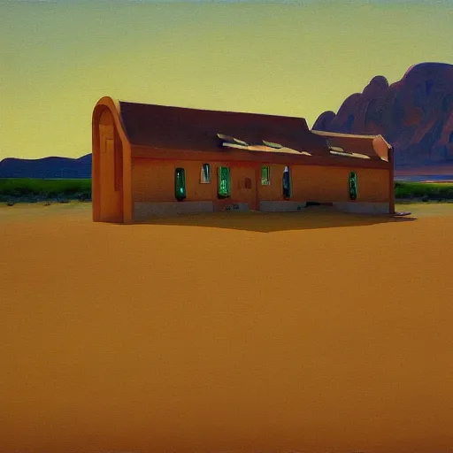 Prompt: motel in a desert Tatooine landscape, a woman, painted by François Roca and Edward Hopper, airbrush, highly detailed