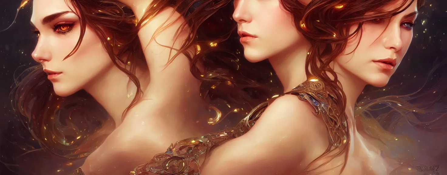 Image similar to fantasy magic woman portrait, sci-fi, amber eyes, face, long hair, fantasy, intricate, elegant, highly detailed, digital painting, artstation, concept art, smooth, sharp focus, illustration, art by artgerm and greg rutkowski and alphonse mucha