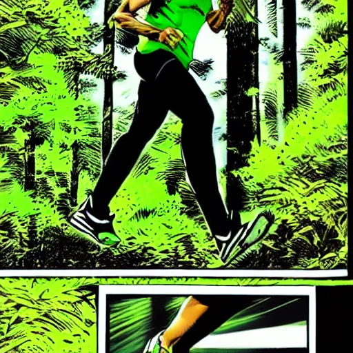 Image similar to a sporty guy runs alone through a forest with tall trees, art by Mike Deodato, acid-green sneakers, a shot from the back in perspective,