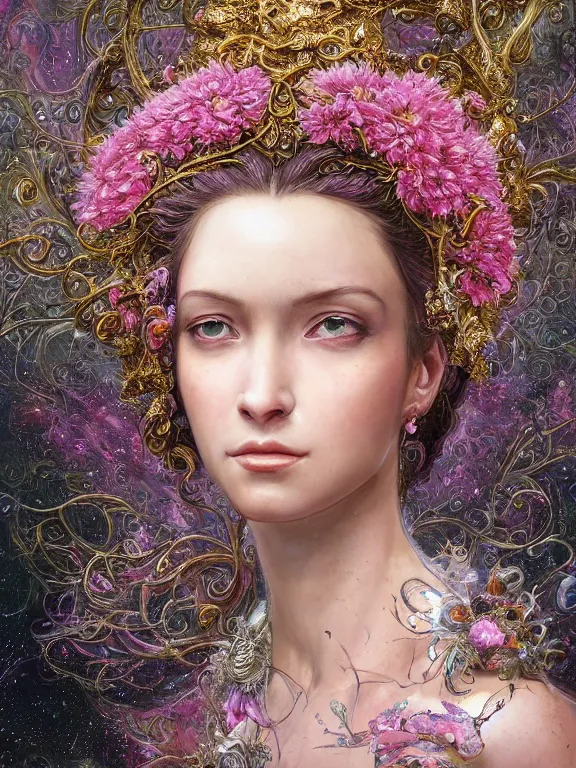 Image similar to a beautiful portrait render of baroque young lady who has perfect human face and dramatic headdress with intricate fractals of flowers and star made of crystals, by Billelis and aaron horkey and peter gric and Nekro and Virginie Ropars,ZBrush,hyperreal,pearlescent,jewelry,gold,pink,maximalist