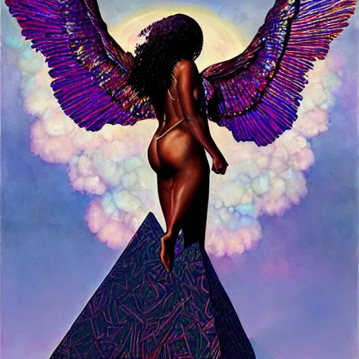 Image similar to isis depicted as a black woman with large iridescent wings in front of a crystal pyramid by Aliza Razell, greg rutkowski, and thomas blackshear, oil on canvas