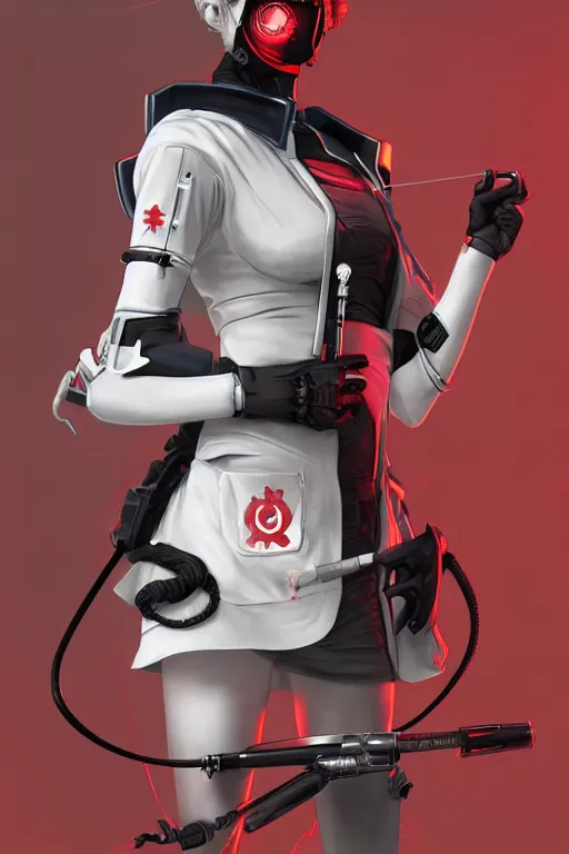Image similar to covid - 1 9 nurse holding a syringe, wearing cyberpunk nurse armor, black and white and red, by tom bagshaw and alphonse mucha and atey ghailan and artgerm and and greg rutkowski and hajime soriyama, hyper realistic, octane render, trending on artstation