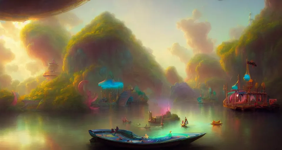 Image similar to an amusement park boat ride with pastel colors by peter mohrbacher, vivid colors, matte painting, 8K, concept art, mystical color scheme, trending on artstation