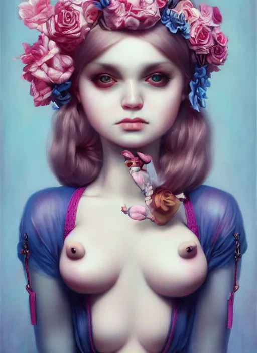 Image similar to pop surrealism, lowbrow art, realistic seductive cute woman painting, pink body harness, japanese shibari with blue flowers, hyper realism, muted colours, rococo, natalie shau, loreta lux, tom bagshaw, mark ryden, trevor brown style,
