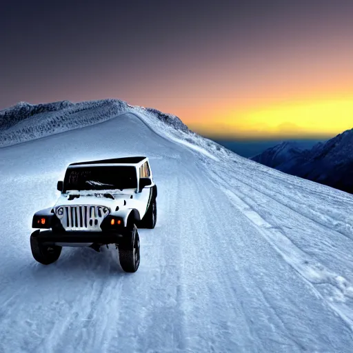 Image similar to white jeep wrangler driving up a steep snowy mountain cornice, high quality digital art, dramatic lighting, cinematic, photo realism