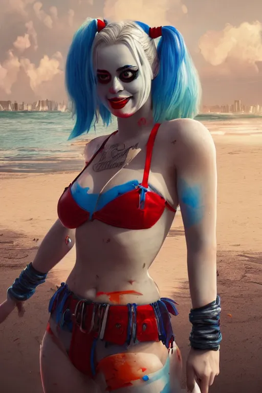 Image similar to harley quinn at the beach, hyper detailed, digital art, trending in artstation, cinematic lighting, studio quality, smooth render, unreal engine 5 rendered, octane rendered