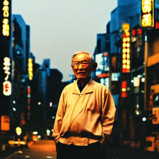 Image similar to landscape, old man in tokyo at night, wearing gold chain, gold rings, cinestill 8 0 0,