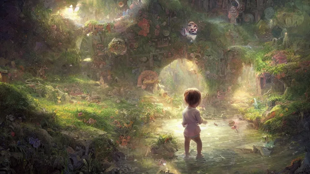 Prompt: a beautiful painting of a small child lost inside a massive, magical land of thought and imagination, lovely, concept art, detailed, artstation, 4k, james gurney