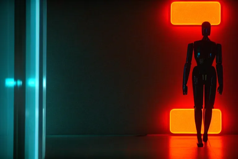 Prompt: film still of closeup sleek futuristic humanoid robot in blade runner 2 0 4 9, lobby, cinematic, moody, gritty neon noir by emmanuel lubezki