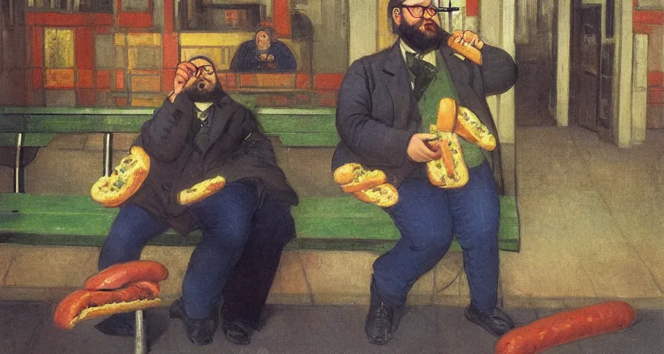 Prompt: portrait of a chubby bearded young man with glasses sitting alone eating a hotdog on a bench in a subway station in new york, color by Franz Marc, highly detailed architecture by Jean-Léon Gérôme, by Winsor McCay, today's featured photograph, 16K