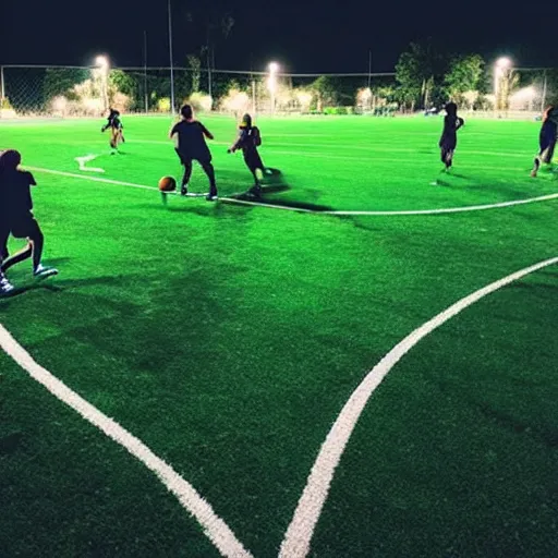 Image similar to “ a photo of two teams playing ultimate frisbee on a soccer field at night with stadium lights ”