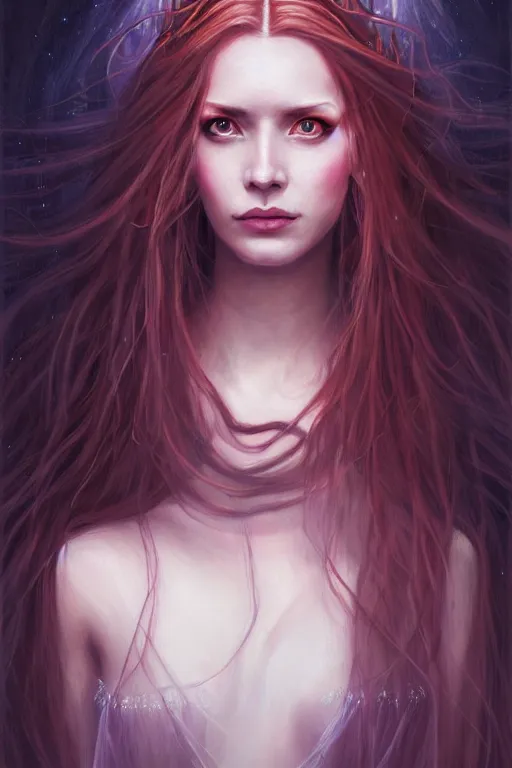 Image similar to portrait of a young female wizard in flowing sensual dress, long flowing hair, delicate, looking at camera, slightly smiling, realistic face, stylish, elegant, grimdark fantasy, extremely detailed painting inspired by Gerald Brom and Simon Stalenhag, studio lighting