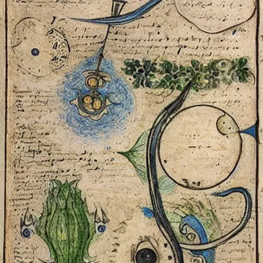 Prompt: illustrations from the newly discovered 2nd volume of the Voynich manuscript showing mysterious hi-tech devices