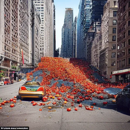 Image similar to 2 0 w 3 4 th st., new york, ny 1 0 0 0 1, united states destroyed by falling tomatoes photo realistic