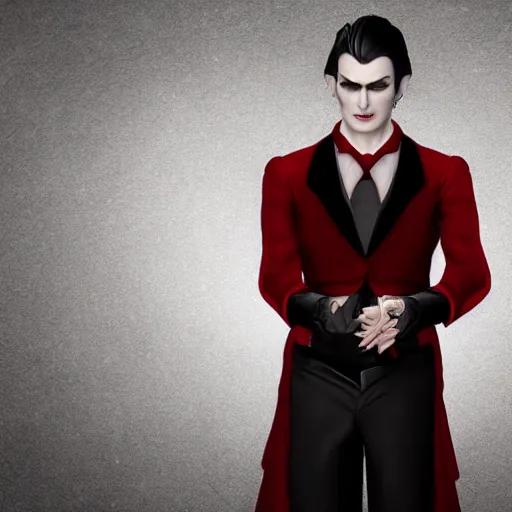 Prompt: a vampire, male, mid - 3 0 s aged, long black hair, clean shaven, dressed formally in red and black, high fantasy, realistic, highly detailed, 8 k.