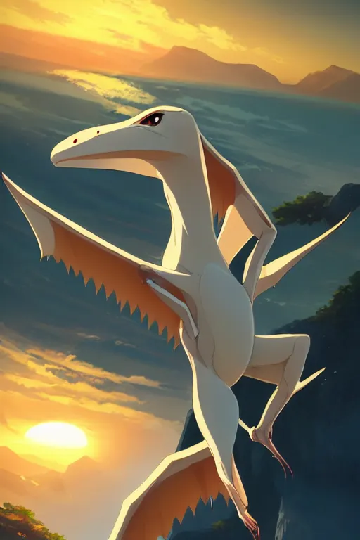 Prompt: a large smooth skinned white creature hybrid pterosaur, small quills along it's back, long fangs, sitting on a cliff high in the sky, sunset, backlit, beautiful composition, by makoto shinkai an krenz cushart