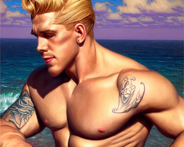 Prompt: handsome tattooed blonde gym bro by the water, synthwave painting by artgerm, gaston bussiere, craig mullins, j. c. leyendecker, tom of finland