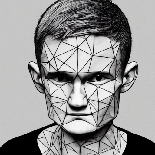 Prompt: Geometrically surreal Vitalik Buterin, extremely high detail, photorealistic, intricate line drawings, dotart, album art in the style of James Jean