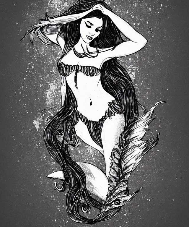 Image similar to black and white illustration, creative design, dark fantasy, fine art, beautiful mermaid, full body, swimming in ocean, fish tail bikini top flowing hair