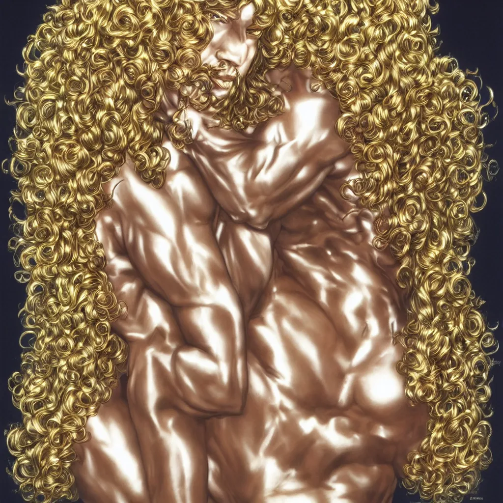 Prompt: an expensive obsidian gilded android showing off his long fluffy blond curly hair by Hajime Sorayama