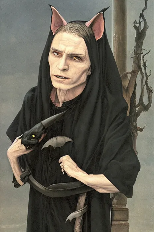 Image similar to a vampire wearing a long black robe with large bat ears huge black eyes and gray skin, character art, painting by james c christensen