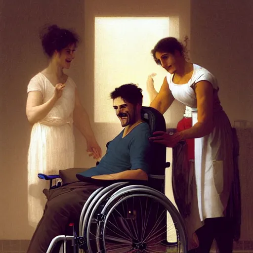 Image similar to a male patient in a wheelchair in the hospital with his wife and son standing by. happy, cheerful, smiling, intricate, face enhance, sharp focus, cinematic lighting, featured in artistation, 8 k, art by greg rutkowski, william adolphe bouguereau