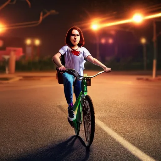 Prompt: wendy thomas as ( maxine mayfield ) from stranger things riding her bike in the middle of the street, the bike's flashlight illuminating the ground, the clear sky, realistic, extremely high details, photorealistic, 2 0 2 2 s, soft lighting, 4 k, human photo