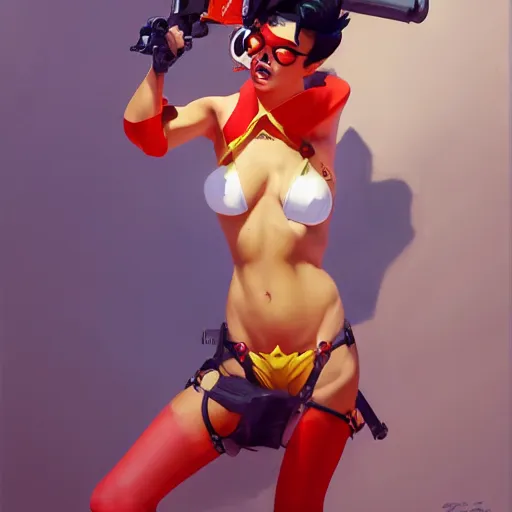 Image similar to pinup overwatch tracer in a red bikini thong, artwork by greg manchess, medium shot, asymmetrical, organic painting, sunny day, matte painting, bold shapes, hard edges, street art, trending on artstation, by huang guangjian and gil elvgren and sachin teng