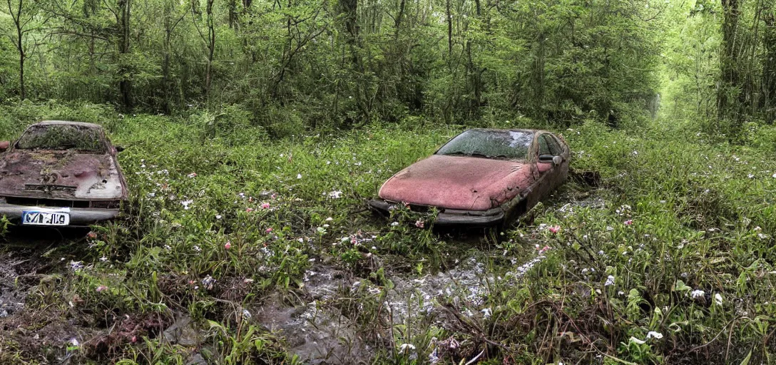 Prompt: abandoned car on the right side of the image, overgrown in a thick forest, waterlogged grond with flowers