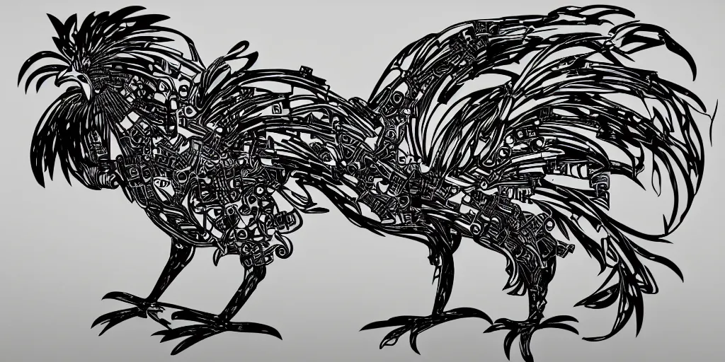 Image similar to schematic of a fighting rooster made of car engine parts, schematic, intricate, highly detailed