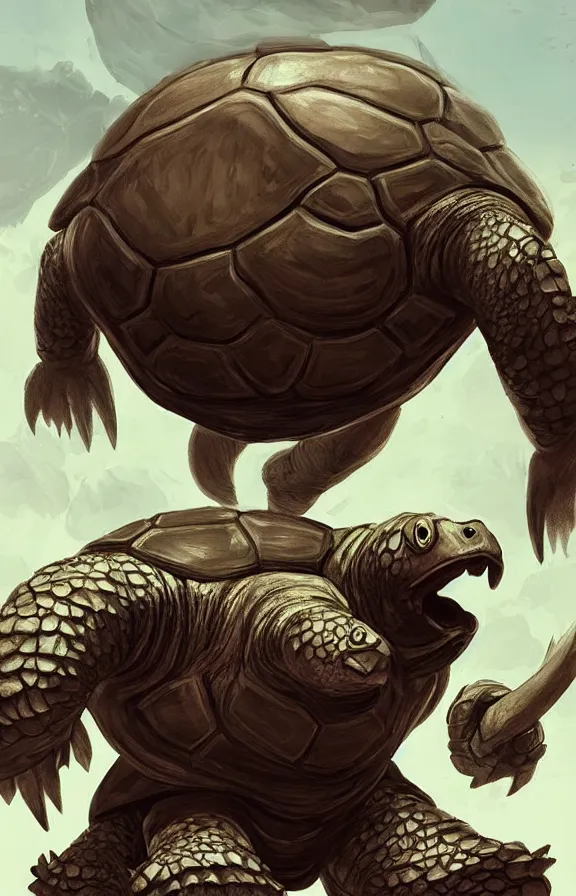 Prompt: a giant angry turtle with a large head and large tusks!!!!!! standing upright!!!, combat pose, concept art, artstation, digital art, extremely detailed!!!