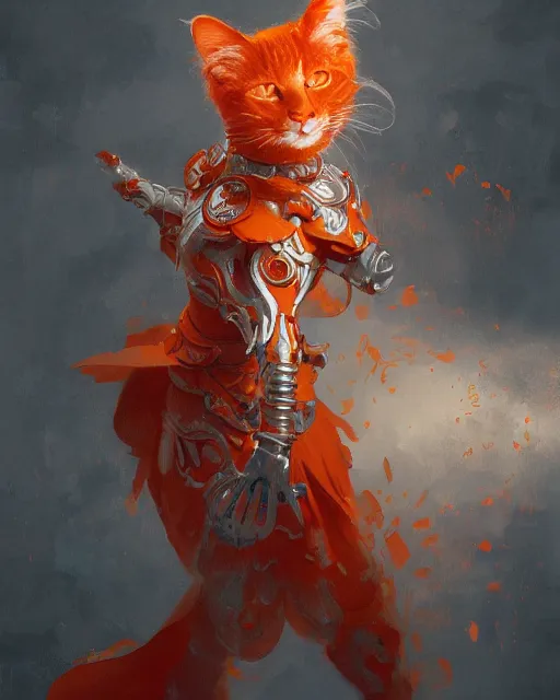 Image similar to A Full View of an orange cat wearing red and gray magical ornate armor. Orange Wizard. masterpiece 4k digital illustration by Ruan Jia and Mandy Jurgens and Artgerm and greg rutkowski and Alexander Tsaruk and WLOP and Range Murata, wizards of the coast, magic the gathering, award winning, Artstation, art nouveau aesthetic, Alphonse Mucha background, intricate details, realistic, panoramic view, Hyperdetailed, 8k resolution