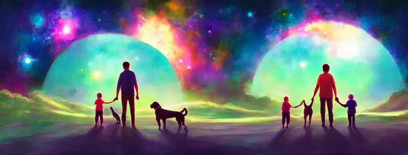 Image similar to a centered rear view of a mom dad and a kid holding hands, with a dog sitting next to them in a small green planet looking to the night sky displaying an entire colorful galaxy, digital art, epic, colorful, highly detailed, by ross tran, artstation