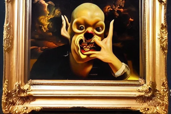 Image similar to oil painting with black background by christian rex van dali todd schorr of a chiaroscuro portrait of an extremely bizarre disturbing mutated man with acne intense chiaroscuro obscuring features lighting perfect composition masterpiece