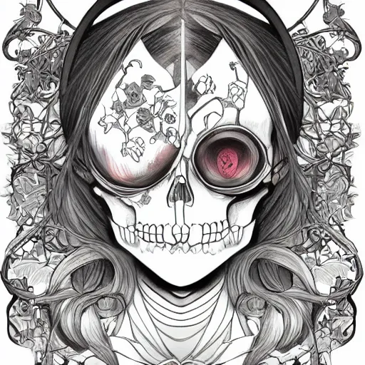 Image similar to anime manga skull portrait girl female skeleton helmet illustration 80s art Betz Etam and Sainer Etam and alphonse mucha pop art nouveau