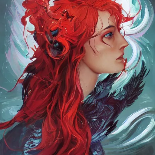 Image similar to beautiful female mage with red hair, keira knightley, black clothing, dark feathered wings, intricate, highly detailed face, cory behance hd by jesper ejsing, by rhads, makoto shinkai and lois van baarle, ilya kuvshinov, rossdraws global illumination