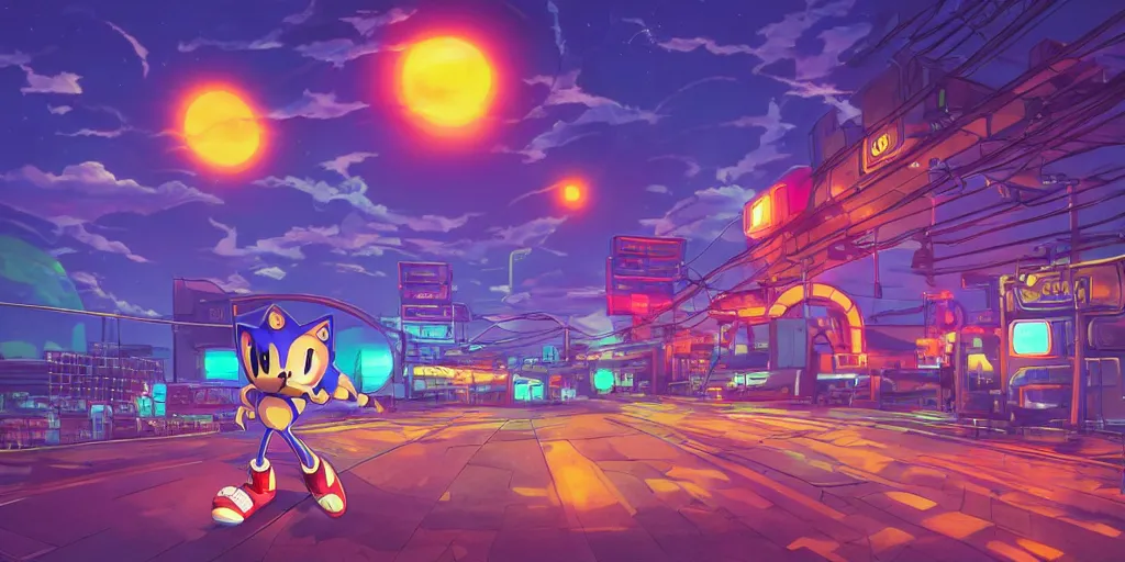 Prompt: Sonic the Hedgehog, Portrait, Very Cloudy Sky, Sun, Neon Lights, Subject in Middle, Subject in center, Rule of Thirds, Retrofuturism, Studio Ghibli, Simon Stålenhag