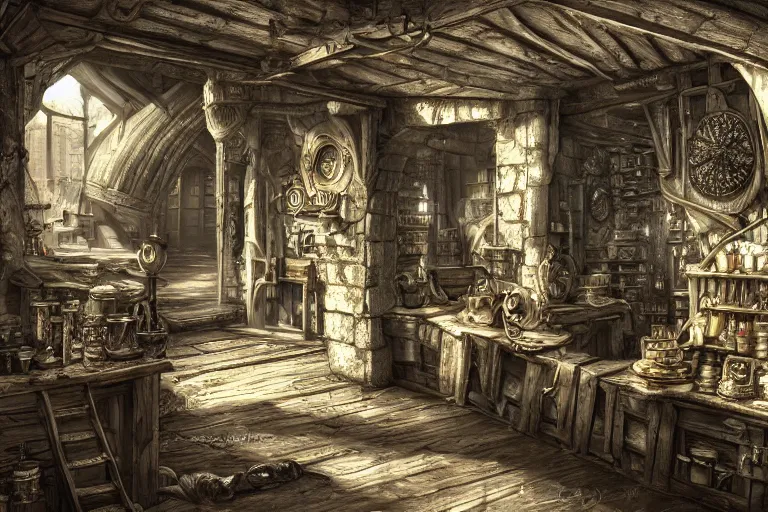 Image similar to A small curious shop viewed from the inside, texture, intricate, details, highly detailed, masterpiece, architecture, building, trending on artstation, focus, sharp focus, concept art, digital painting, fantasy, sunny, day, midday, in the style of skyrim
