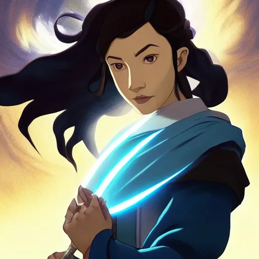 Image similar to Portrait of Avatar Korra wearing Jedi robes and meditating, Legend of Korra, Avatar the Last Airbender, intricate, elegant, highly detailed, digital painting, artstation, concept art, smooth, sharp focus, illustration, art by artgerm and greg rutkowski and alphonse mucha and andrei riabovitchev