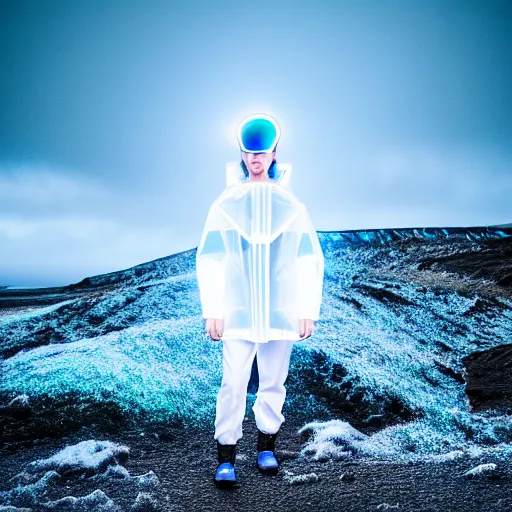 Image similar to an ultra high definition professional studio quality photograph of an artificial celebrity cyberpunk pop star wearing a transparent iridescent perspex pastel coloured face visor and matching raincoat on white coat hook in an icelandic black rock environment. dramatic lighting. volumetric shadows. light rays