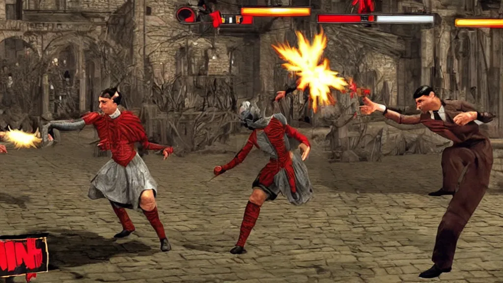 Image similar to mr bean fighting queen elizabeth in mortal kombat, video game, gameplay, screenshot