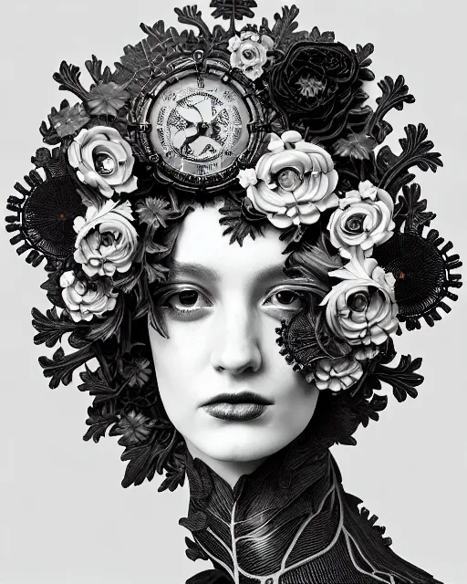 Prompt: masterpiece monochrome profile portrait painting, dutch masters, silver lace floral steampunk biomechanical beautiful one techno eye young female cyborg, big monocular, volumetric light, leaves foliage and stems, hibiscus flowers, by cecile beaton, rim light, big gothic fashion pearl embroidered collar, 8 k