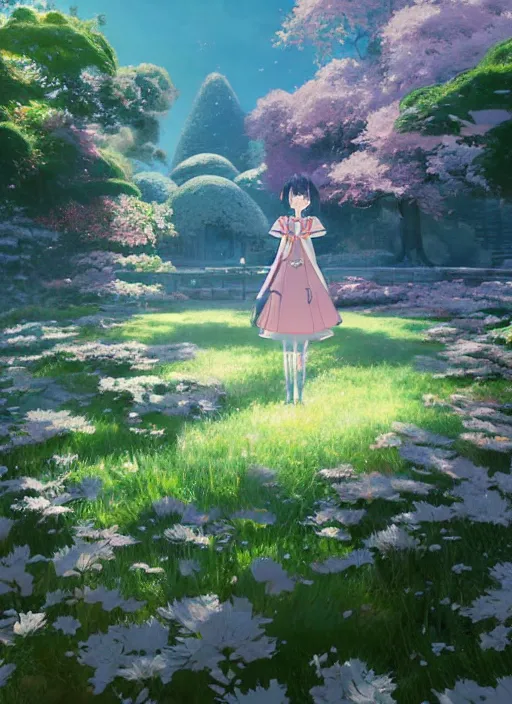 Prompt: genshin impact character klee in an enchanted garden, digital illustration, by makoto shinkai and ruan jia