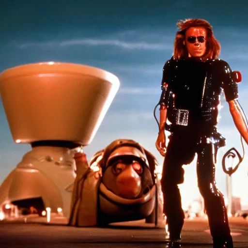 Image similar to the magic roundabout as the terminator, 4 k hd film still, terminator, red eye, cyborg