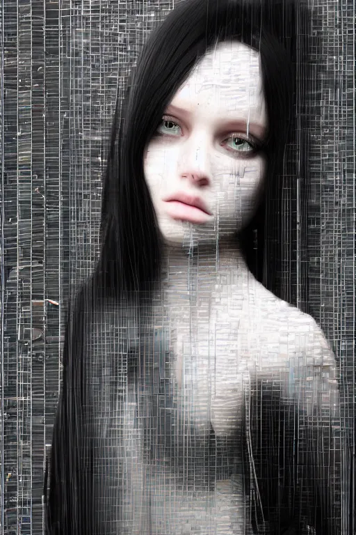 Prompt: glitch, picture portrait,(((((((((((((young woman's face))))))))))))), long black hair, glitch, pale skin, glitch, digital render, super-detailed ,glitch, by Millais