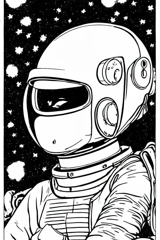 Image similar to manga portrait of a woman wearing a space helmet, akira toriyama, lineart, black and white, scifi, big clouds visible in the background, stars in the sky, high contrast, deep black tones