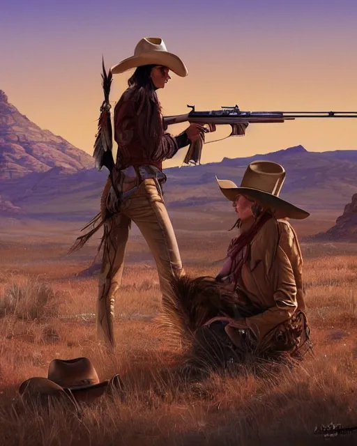 Prompt: the rifle, a gorgeous woman, a native American feather scarf, beige cowgirl hat, western jacket holding a Remington rifle and a bokeh western desert town background at sunset, highly detailed, concept art, hard light digital painting, artstation, concept art, sharp focus, illustration, inspired by greg rutkowski and Frederic Remington