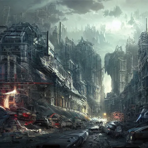 Prompt: landscape of apocalypse city, marvel illustration, by stanley artgerm lau