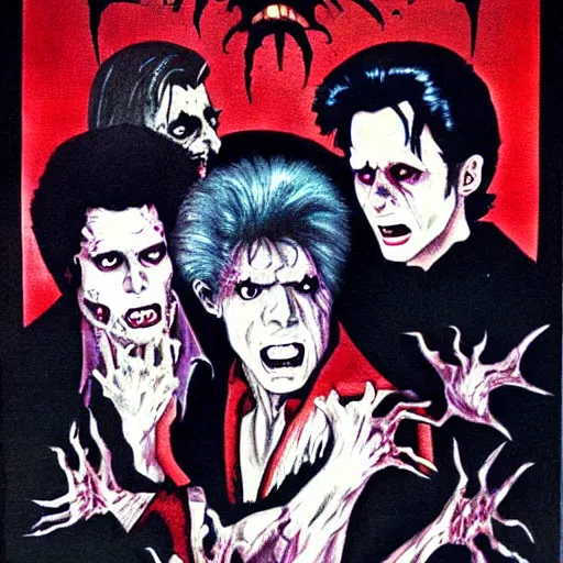 Image similar to Fright night inspired art, 1980s horror movie, illustration