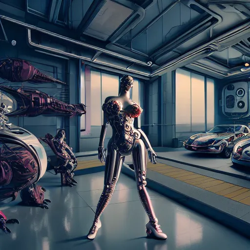 Image similar to a beautiful highly detailed futuristic mechanical lady in seductive confident pose, cyberpunk garage on jupiter, filled with people, art by geof darrow, 4 k, octane render